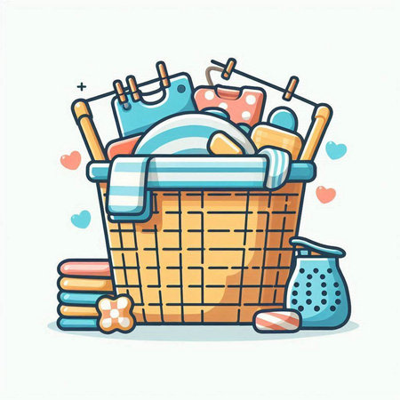 Vector illustration of a basket with clothes and kitchen utensils.のイラスト素材