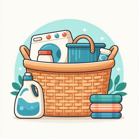 Laundry basket with cleaning products. Vector illustration in cartoon style.のイラスト素材