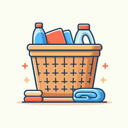 Basket with cleaning products. Vector illustration in a flat style.のイラスト素材