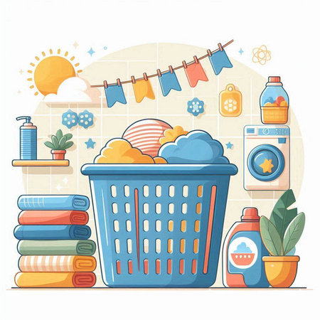 Laundry basket with towels and detergent. Vector illustration.のイラスト素材