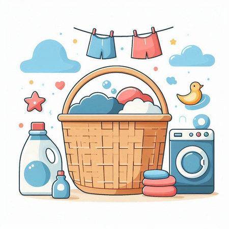 Wicker basket with laundry, washing machine, detergents and rubber ducks. Vector illustration.のイラスト素材