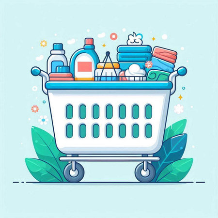 Shopping cart with cleaning products. Vector illustration in flat style.のイラスト素材