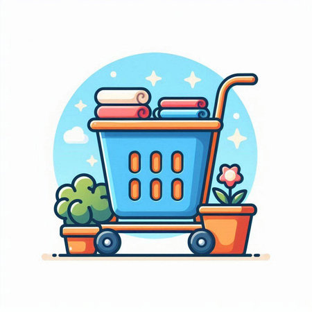 Shopping cart with books and flowers. Flat design vector illustration.のイラスト素材