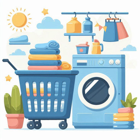 Laundry service. Washing machine and basket with clean towels. Flat vector illustrationのイラスト素材