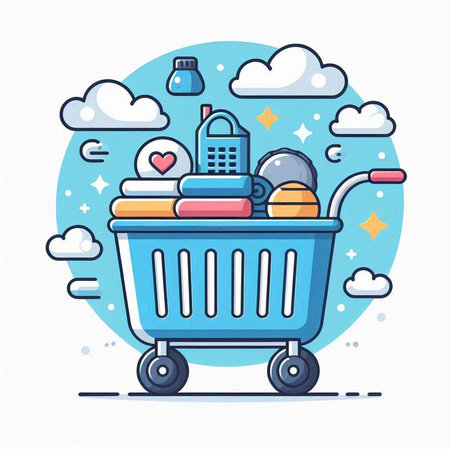 Shopping cart with household items. Vector illustration in flat style.のイラスト素材