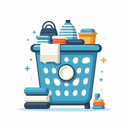 Shopping basket with clothes and accessories. Vector illustration in flat styleのイラスト素材