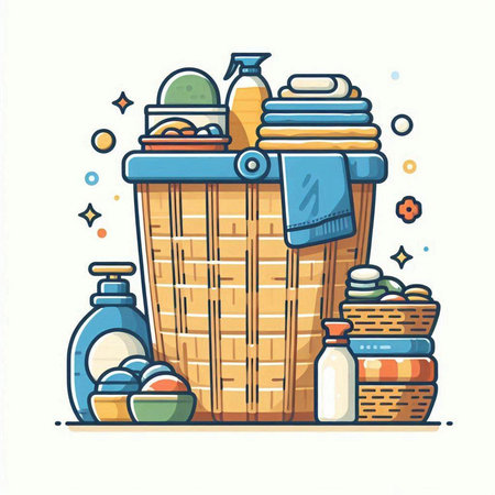 Vector illustration of laundry basket with towels, soap and detergent.のイラスト素材