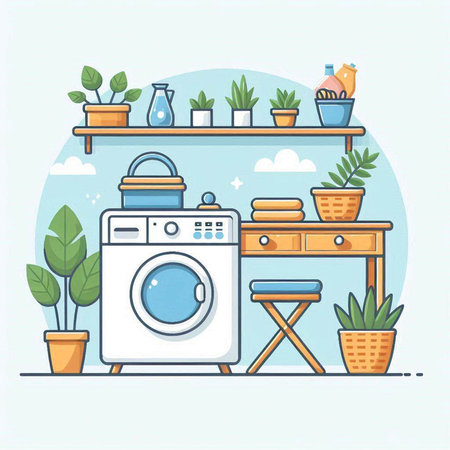 Laundry room with washing machine and basket of plants. Vector illustrationのイラスト素材