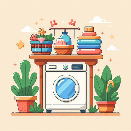 Laundry room interior with washing machine, basket with clothes, flowers and plants. Flat style vector illustration.のイラスト素材