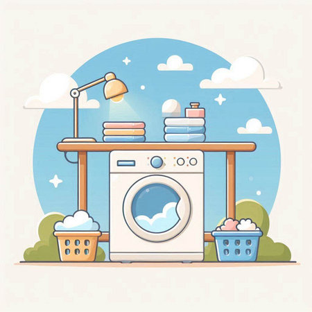 Laundry room flat vector illustration. Washing machine, basket with dirty clothes, towels and other things.のイラスト素材