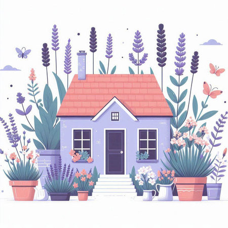 House with lavender flowers in pots. Vector illustration in flat styleのイラスト素材