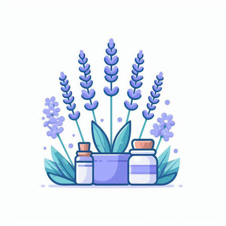 Lavender flowers and bottles with essential oil. Vector illustration.のイラスト素材