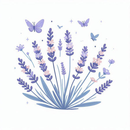 Floral background with lavender flowers and butterflies. Vector illustration.のイラスト素材
