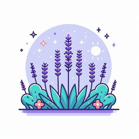 Lavender flower in the field. Vector illustration in flat styleのイラスト素材