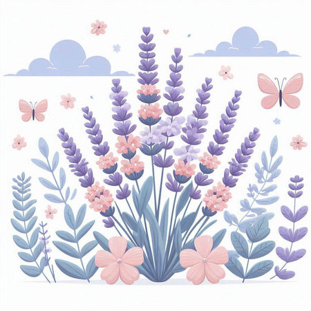 Lavender flowers and butterflies vector illustration. Floral background.のイラスト素材