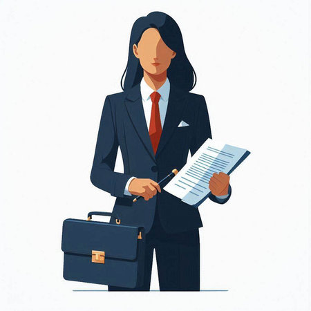 Businesswoman with briefcase and contract. Vector illustration in cartoon styleのイラスト素材