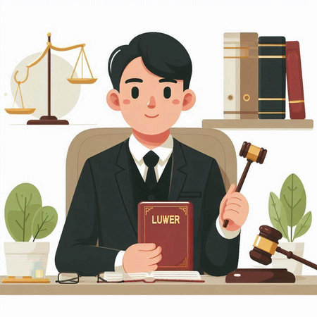 Lawyer in office with law books and gavel. Vector illustration.のイラスト素材