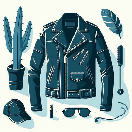 Vector illustration of a men's leather jacket, sunglasses and cactusのイラスト素材
