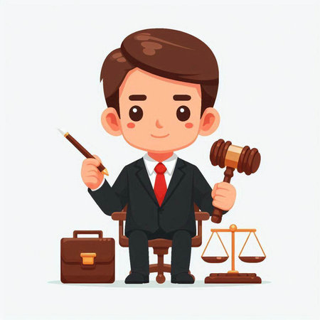 Cartoon lawyer or judge with gavel and briefcase. Vector illustrationのイラスト素材