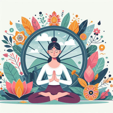 Vector illustration of a woman meditating in lotus position on the background of nature.のイラスト素材