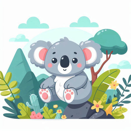 Cute koala sitting on the rock in the jungle. Vector illustrationのイラスト素材