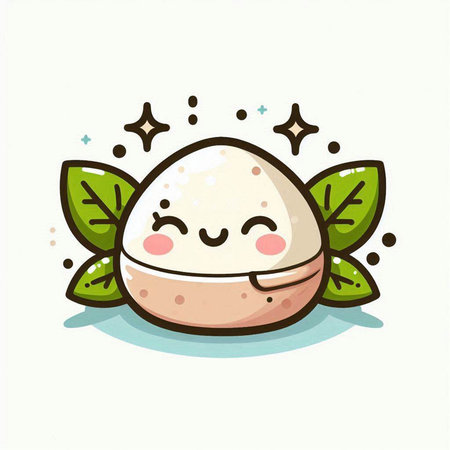 Cute mozzarella cheese character with green leaves. Vector illustrationのイラスト素材