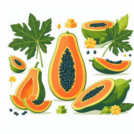 Papaya fruits and leaves. Vector illustration isolated on white background.のイラスト素材