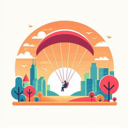 Paraglider flying over the city. Vector illustration in flat styleのイラスト素材