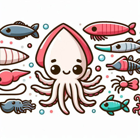 Illustration of a Cute Octopus Cartoon Character with Sea Foodのイラスト素材