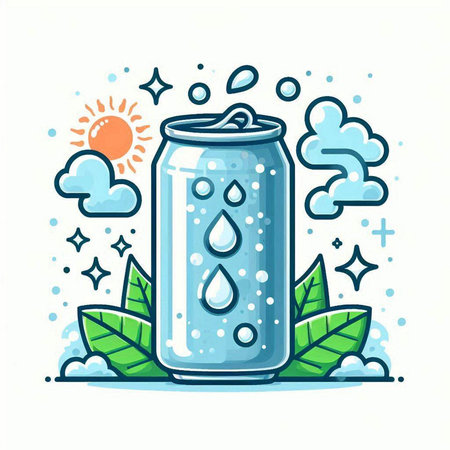 Aluminum can with water drops, sun and clouds. Vector illustration.のイラスト素材