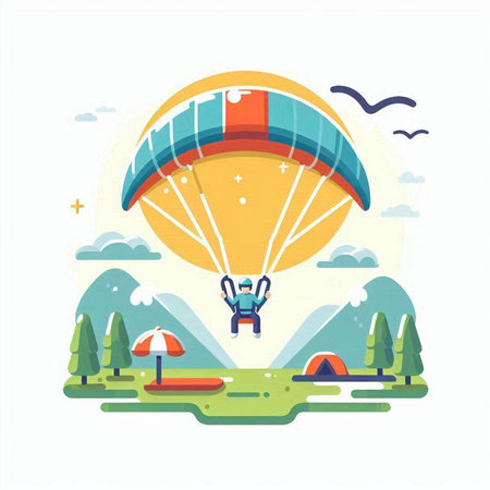 Parachutist flying in the sky. Vector illustration in flat styleのイラスト素材