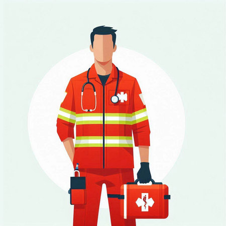 Vector illustration of a fireman in a red uniform with a first aid kit.のイラスト素材