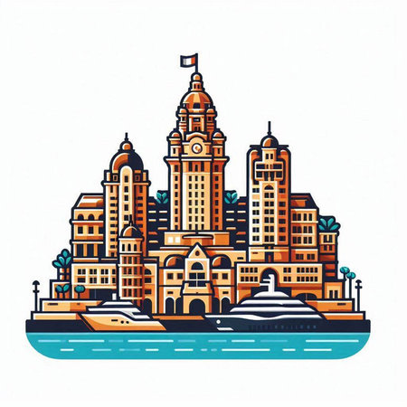 Illustration of a city skyline with buildings and boats. Vector illustration.のイラスト素材