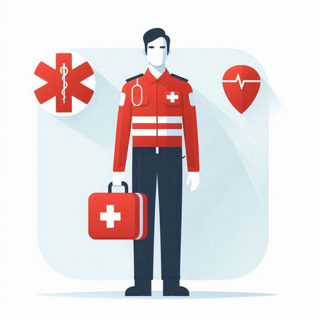 Man in medical uniform with a first aid kit. Vector illustration.のイラスト素材