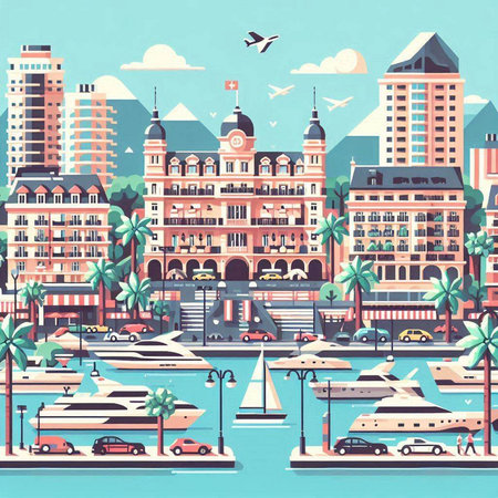 Cityscape with skyscrapers and boats. Vector illustration in retro style.のイラスト素材