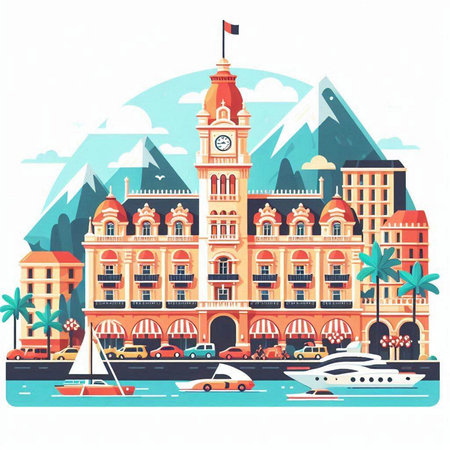 Town buildings on the background of mountains. Vector illustration in flat style.のイラスト素材