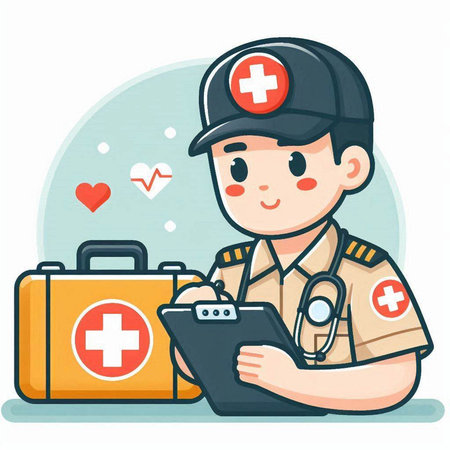 Cute Cartoon Doctor with First Aid Kit. Vector Illustration.のイラスト素材