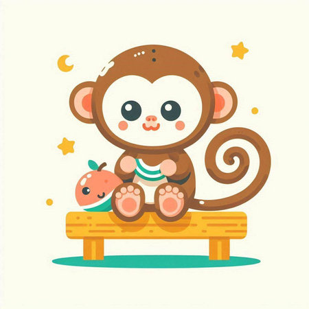Cute monkey sitting on a bench. Vector illustration in cartoon style.のイラスト素材