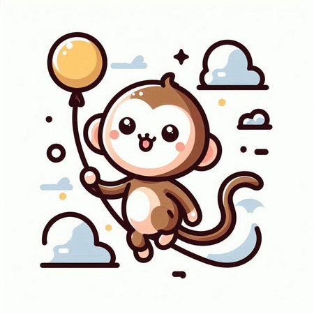 Cute monkey with balloon in the sky. Vector illustration. Cartoon character.のイラスト素材