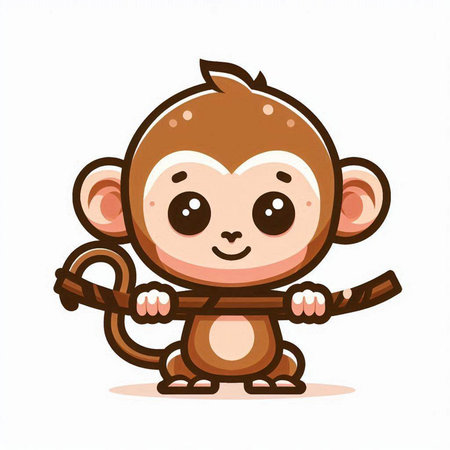 Cute cartoon monkey holding a wooden stick. Vector illustration isolated on white background.のイラスト素材