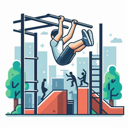 Man doing pull-ups on horizontal bar in park. Vector illustrationのイラスト素材