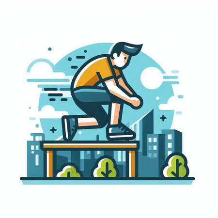 Man in sportswear jumping over obstacles in city, flat vector illustration.のイラスト素材