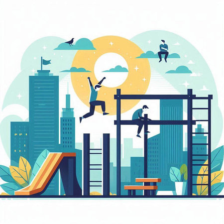 Vector illustration of a young man jumping on the playground in the cityのイラスト素材