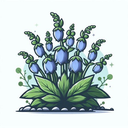 Illustration of bluebells with green leaves on white background.のイラスト素材