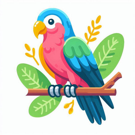 Parrot on a branch with leaves. Vector illustration in cartoon style.のイラスト素材