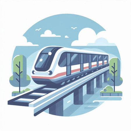 Modern high speed train on the road. Vector illustration in flat style.のイラスト素材