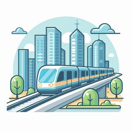 Modern high-speed train on the background of the city. Vector illustration.のイラスト素材
