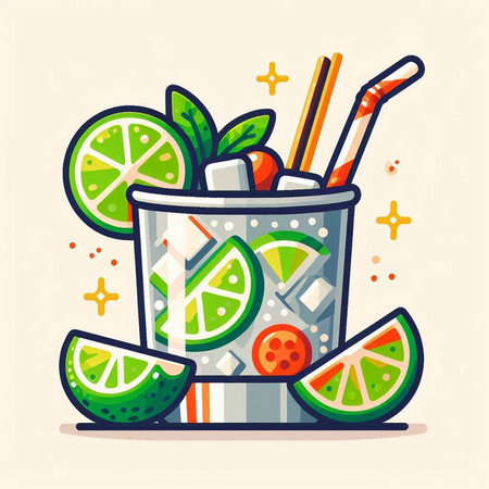 Cocktail with lime, lemon and mint. Vector illustration.のイラスト素材