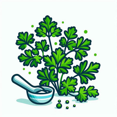 Parsley and mortar with parsley. Vector illustration of parsley.のイラスト素材