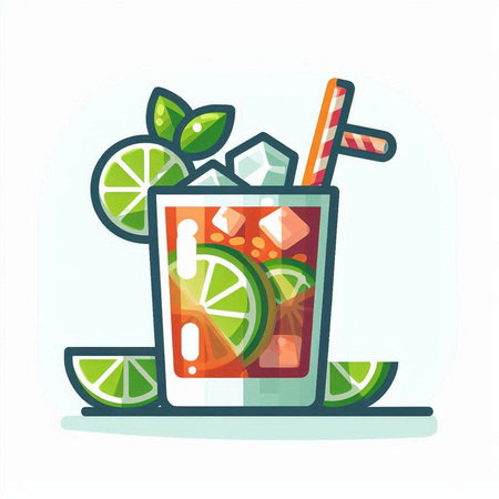 Cocktail with lime, ice and straw. Vector illustration.のイラスト素材